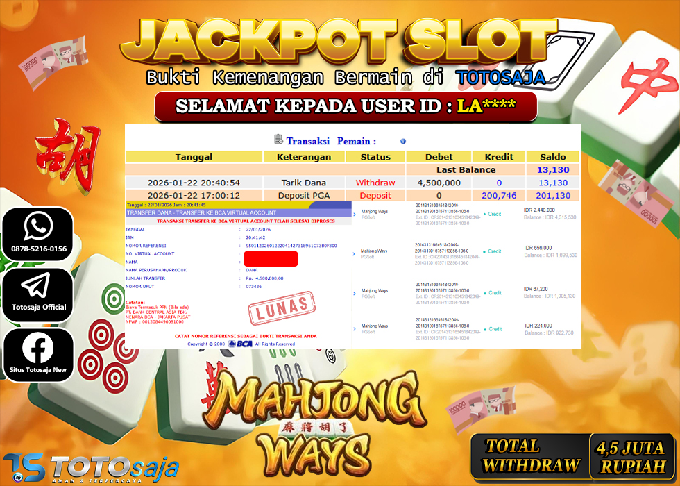 TOTOSAJA JACKPOT SLOT ONLINE MAHJONG WAYS Rp.4.500.000,- LUNAS