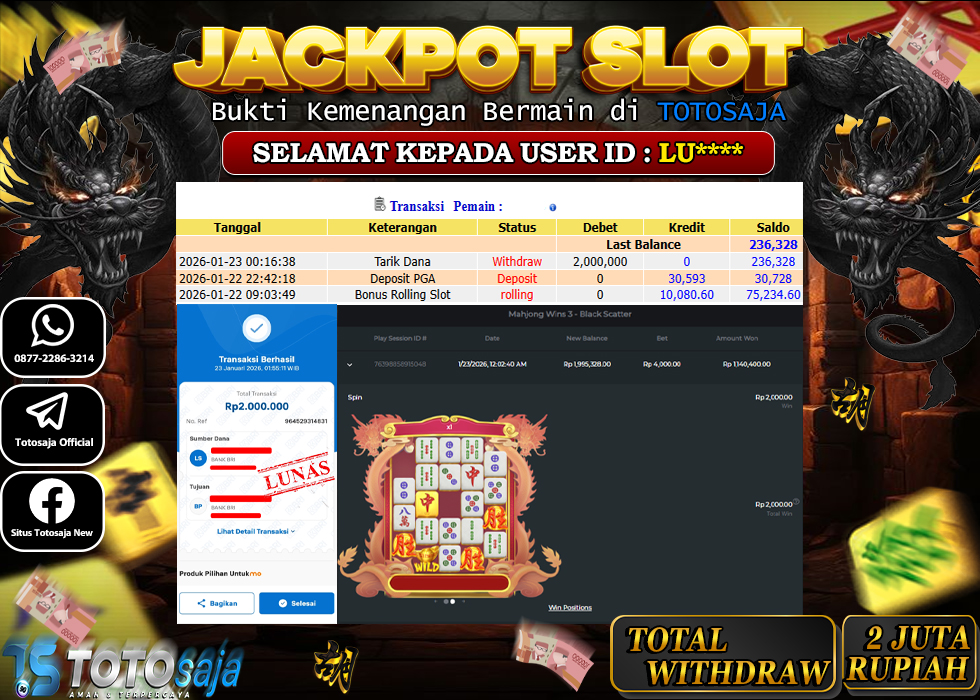 TOTOSAJA JACKPOT SLOT ONLINE  Mahjong Wins 3 - Black Scatter Rp2.000.000,- LUNAS