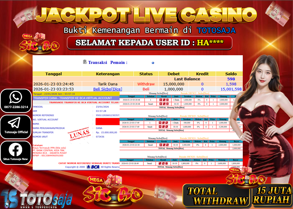 TOTOSAJA JACKPOT LIVE CASINO ONLINE SICBO DICE Rp.15.000.000,- LUNAS