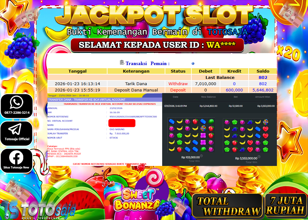 TOTOSAJA JACKPOT SLOT ONLINE  SWEET BONANZA Rp.7.010.000,- LUNAS