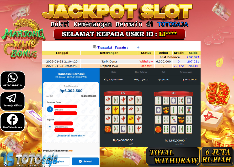 TOTOSAJA JACKPOT SLOT ONLINE MAHJONG WINS BONUS Rp.6.300.000,- LUNAS