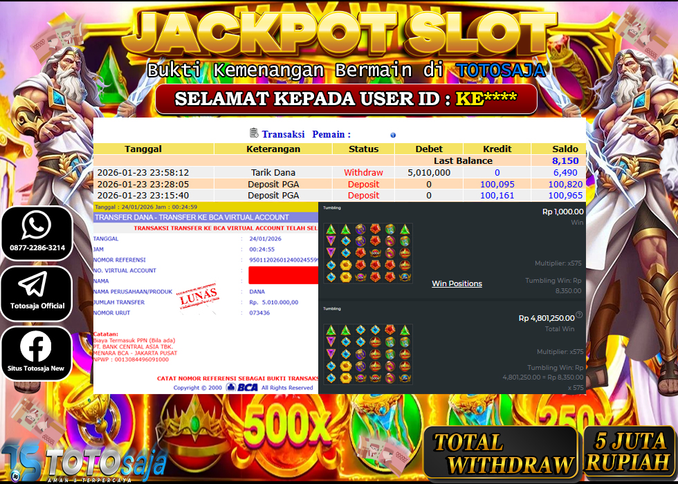 TOTOSAJA JACKPOT SLOT ONLINE GATES OF OLYMPUS SUPER 1000 Rp.5.010.000,- LUNAS