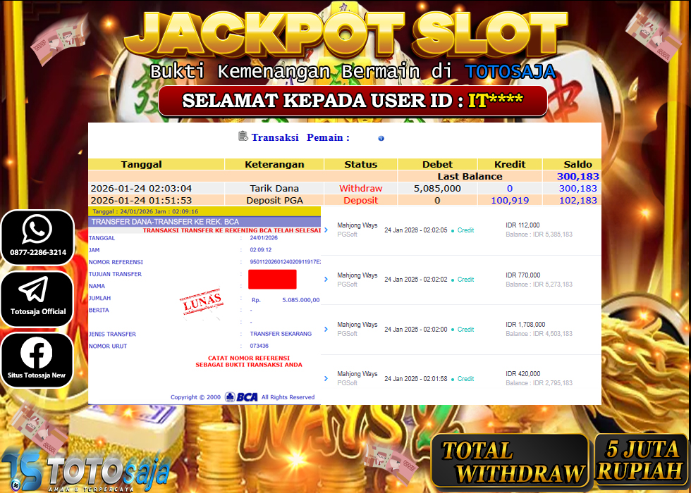 TOTOSAJA JACKPOT SLOT ONLINE MAHJONG WAYS Rp.5.085.000,- LUNAS