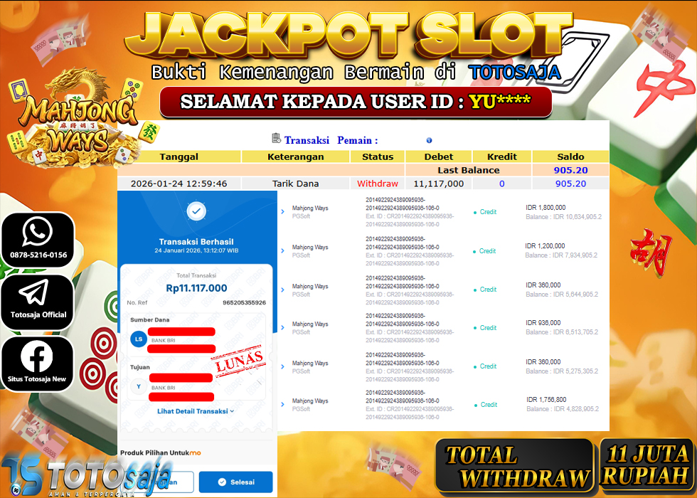 TOTOSAJA JACKPOT SLOT ONLINE MAHJONG WAYS Rp.11.117.000,- LUNAS