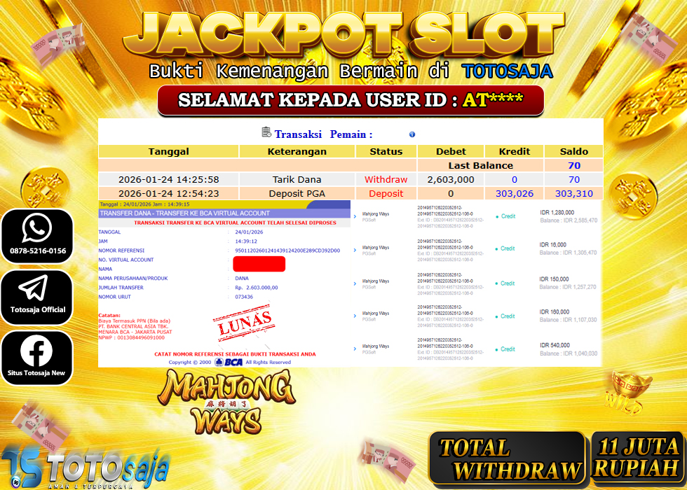 TOTOSAJA JACKPOT SLOT ONLINE MAHJONG WAYS Rp.2.603.000,- LUNAS