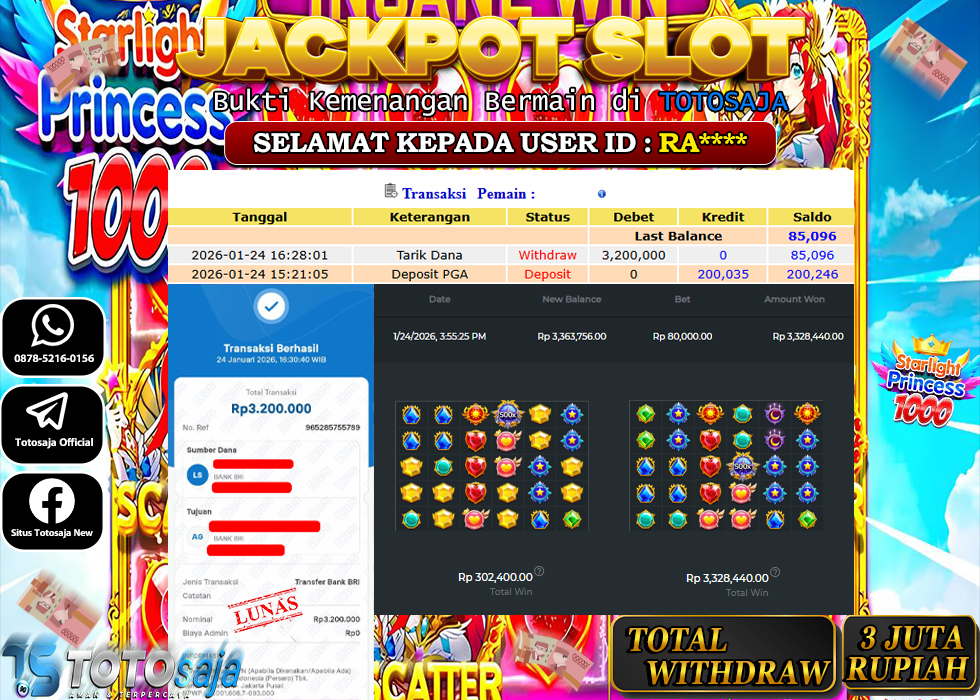 TOTOSAJA JACKPOT SLOT ONLINE STARLIGHT PRINCESS 1000 Rp.3.200.000,- LUNAS