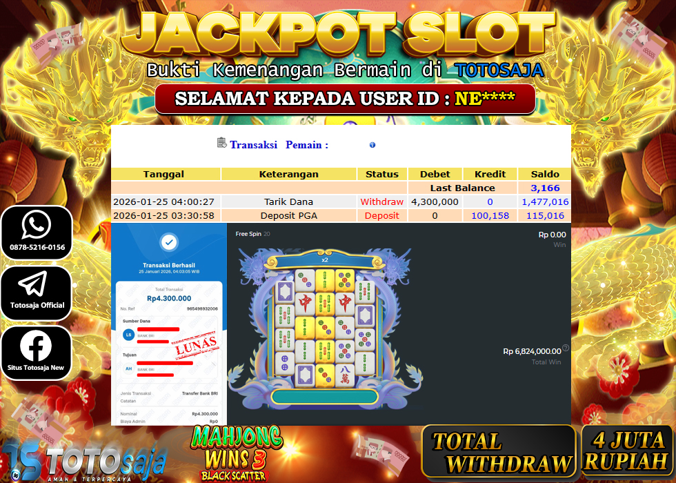 TOTOSAJA JACKPOT SLOT ONLINE  MAHJONG WINS 3 - BLACK SCATTER Rp.4.300.000,- LUNAS