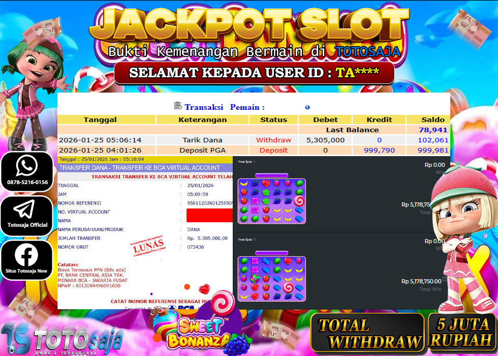 TOTOSAJA JACKPOT SLOT ONLINE SWEET BONANZA 1000 Rp.5.305.000,- LUNAS