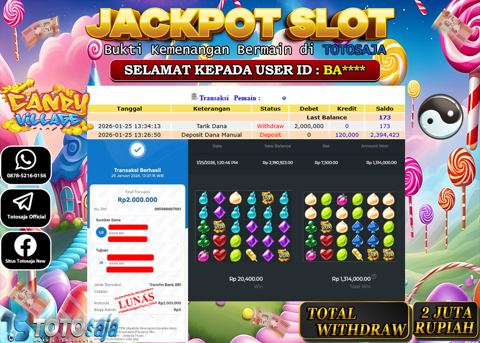 TOTOSAJA JACKPOT SLOT ONLINE CANDY VILLAGE Rp.2.000.000,- LUNAS