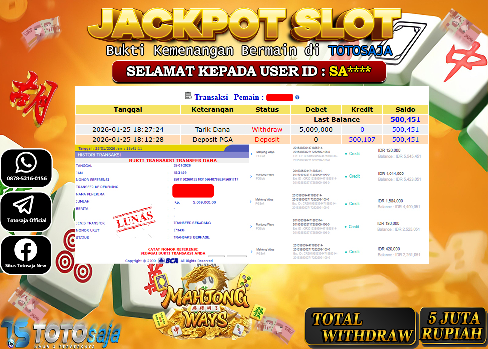 TOTOSAJA JACKPOT SLOT ONLINE MAHJONG WAYS Rp.5.009.000,- LUNAS