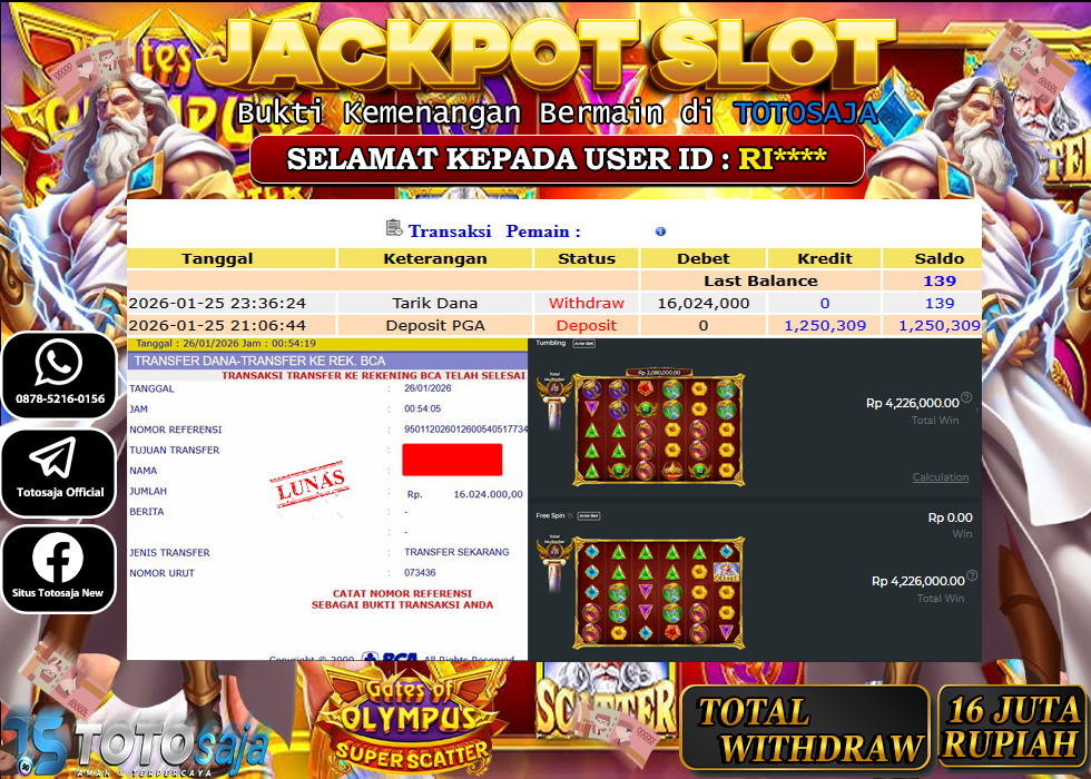 TOTOSAJA JACKPOT SLOT ONLINE GATES OF OLYMPUS SUPER SCATTER Rp.16.024.000,- LUNAS