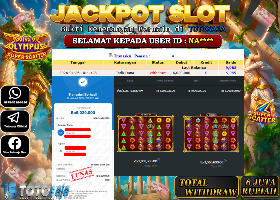 TOTOSAJA JACKPOT SLOT ONLINE GATES OF OLYMPUS SUPER SCATTER Rp.6.020.000,- LUNAS