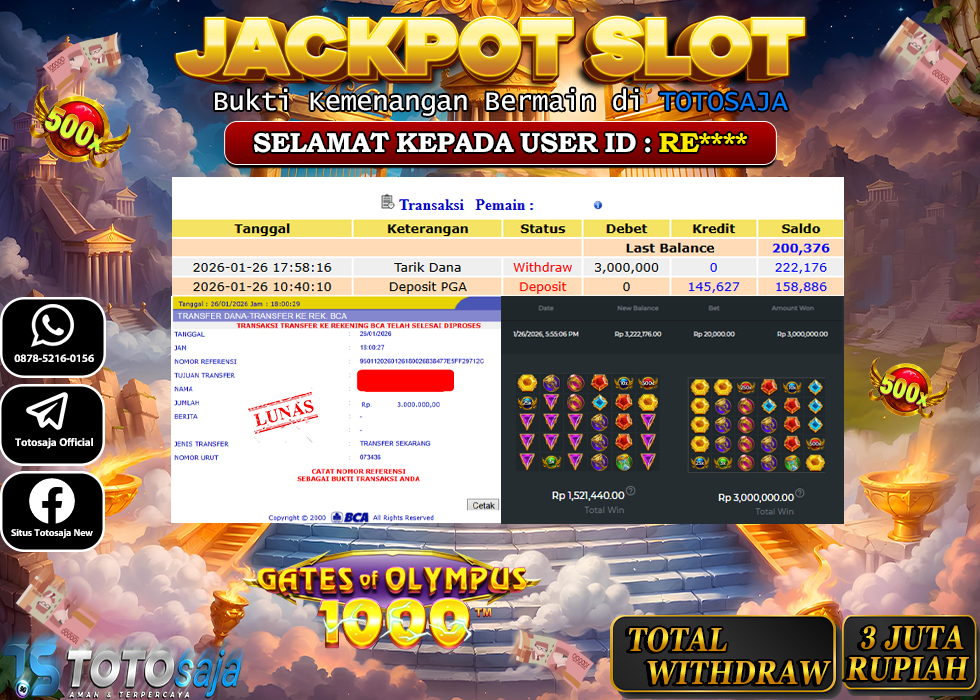 TOTOSAJA JACKPOT SLOT ONLINE GATES OF OLYMPUS 1000 Rp.3.000.000,- LUNAS
