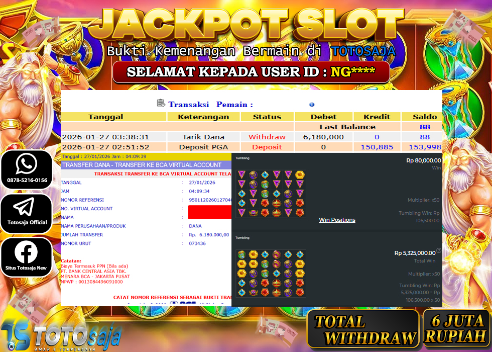TOTOSAJA JACKPOT SLOT ONLINE GATES OF OLYMPUS 1000 Rp.6.180.000,- LUNAS