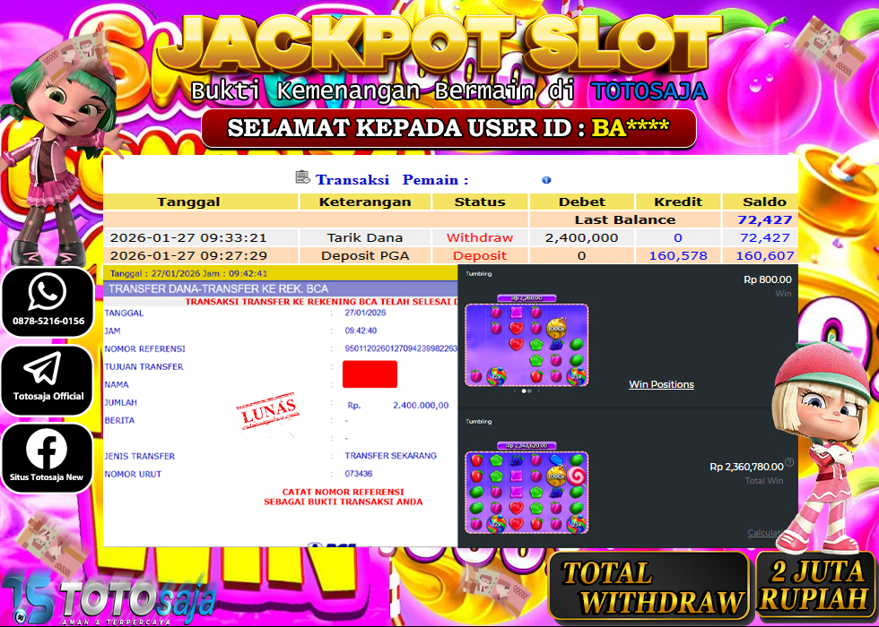 TOTOSAJA JACKPOT SLOT ONLINE SWEET BONANZA 1000 Rp.2.400.000,- LUNAS