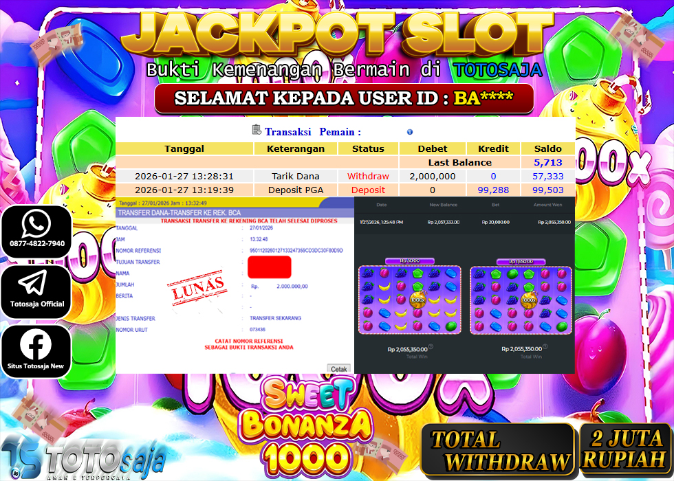 TOTOSAJA JACKPOT SLOT ONLINE SWEET BONANZA 1000 Rp.2.000.000,- LUNAS