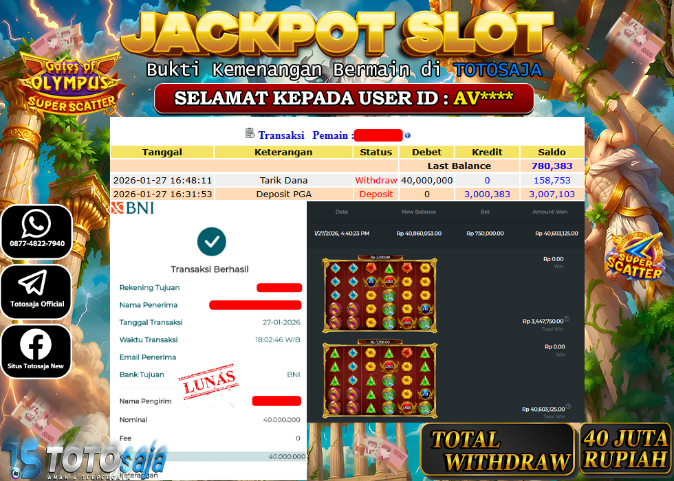 TOTOSAJA JACKPOT SLOT ONLINE GATES OF OLYMPUS SUPER SCATTER Rp.40.000.000,- LUNAS