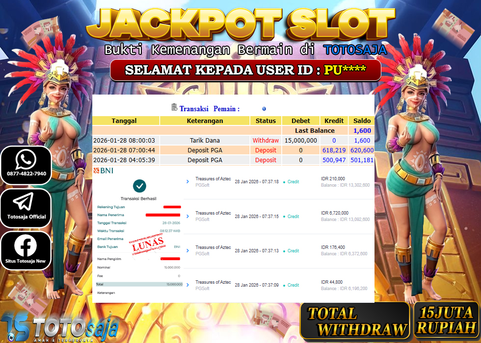 TOTOSAJA JACKPOT SLOT ONLINE TREASURES OF AZTEC Rp.15.000.000,- LUNAS