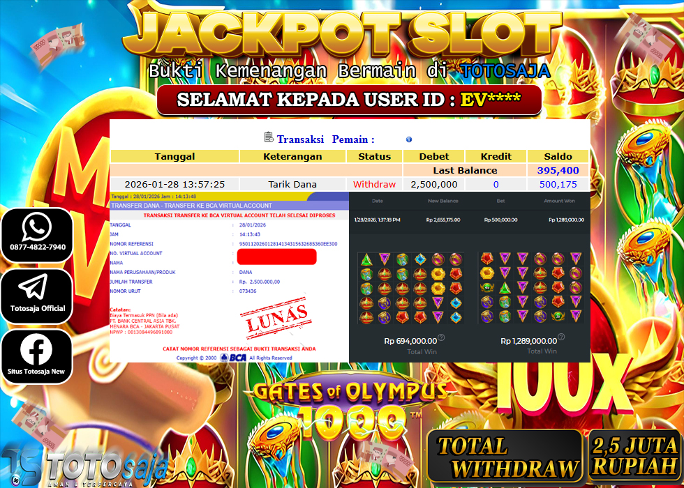 TOTOSAJA JACKPOT SLOT ONLINE GATES OF OLYMPUS 1000 Rp.2.500.000,- LUNAS