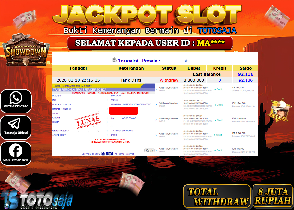 TOTOSAJA JACKPOT SLOT ONLINE WILD BOUNTY SHOWDOWN Rp.8.300.000,- LUNAS