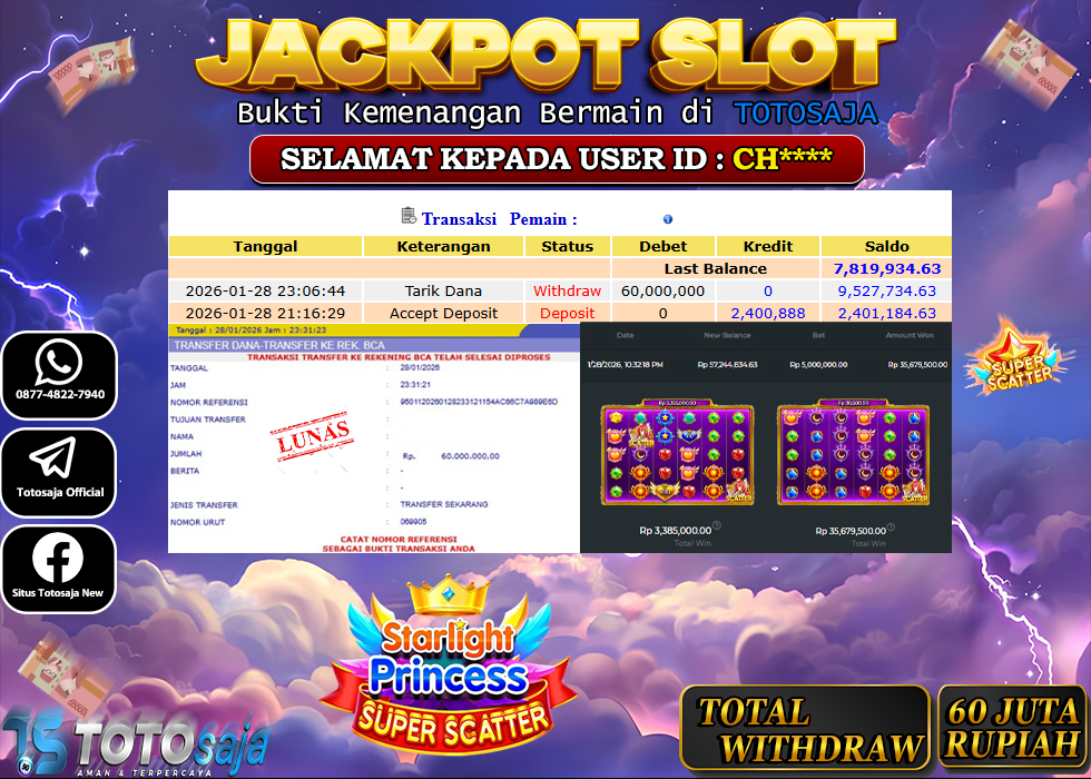 TOTOSAJA JACKPOT SLOT ONLINE STARLIGHT PRINCESS SUPER SCATTER Rp.60.000.000,- LUNAS