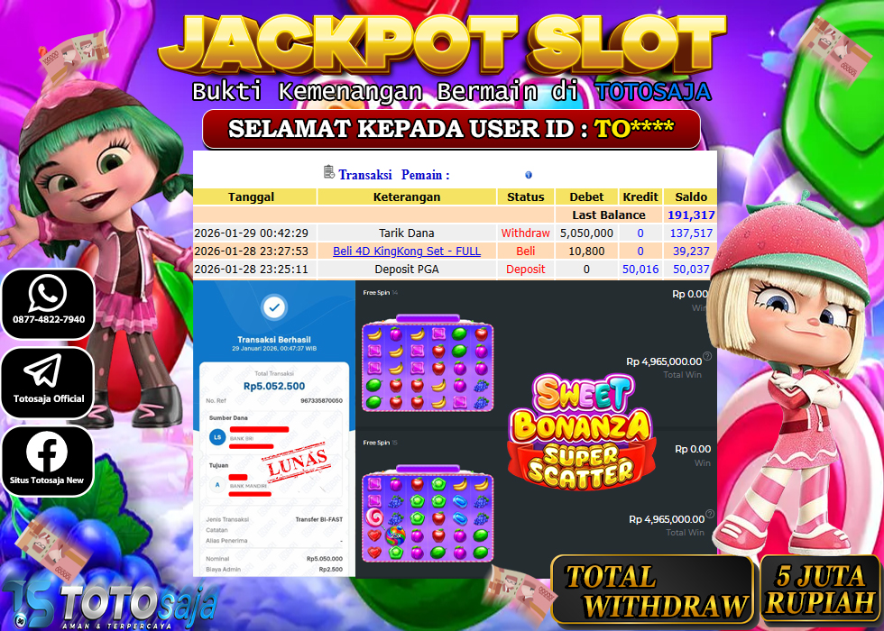 TOTOSAJA JACKPOT SLOT ONLINE  SWEET BONANZA SUPER SCATTER Rp.5.050.000,- LUNAS