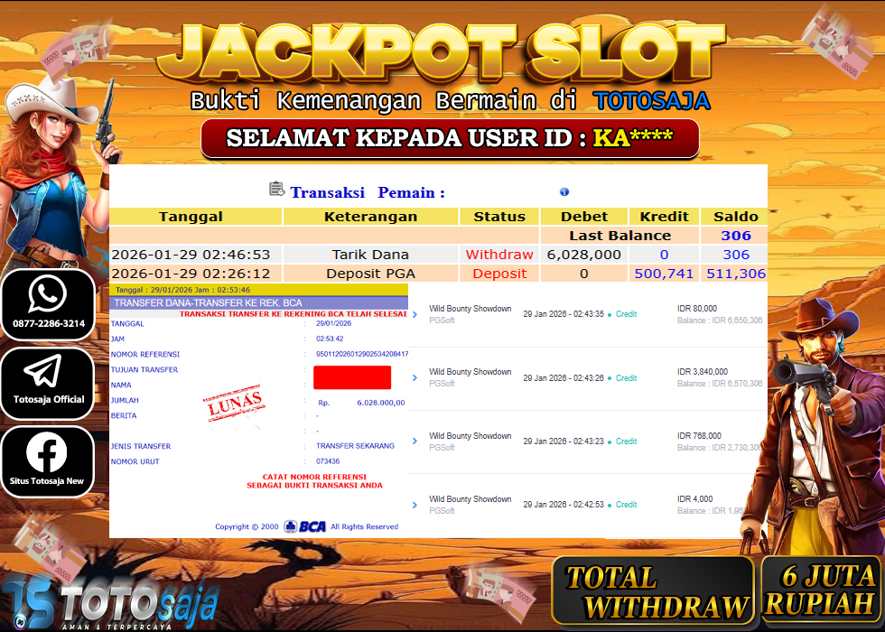 TOTOSAJA JACKPOT SLOT ONLINE WILD BOUNTY SHOWDOWN Rp.6.028.000,- LUNAS