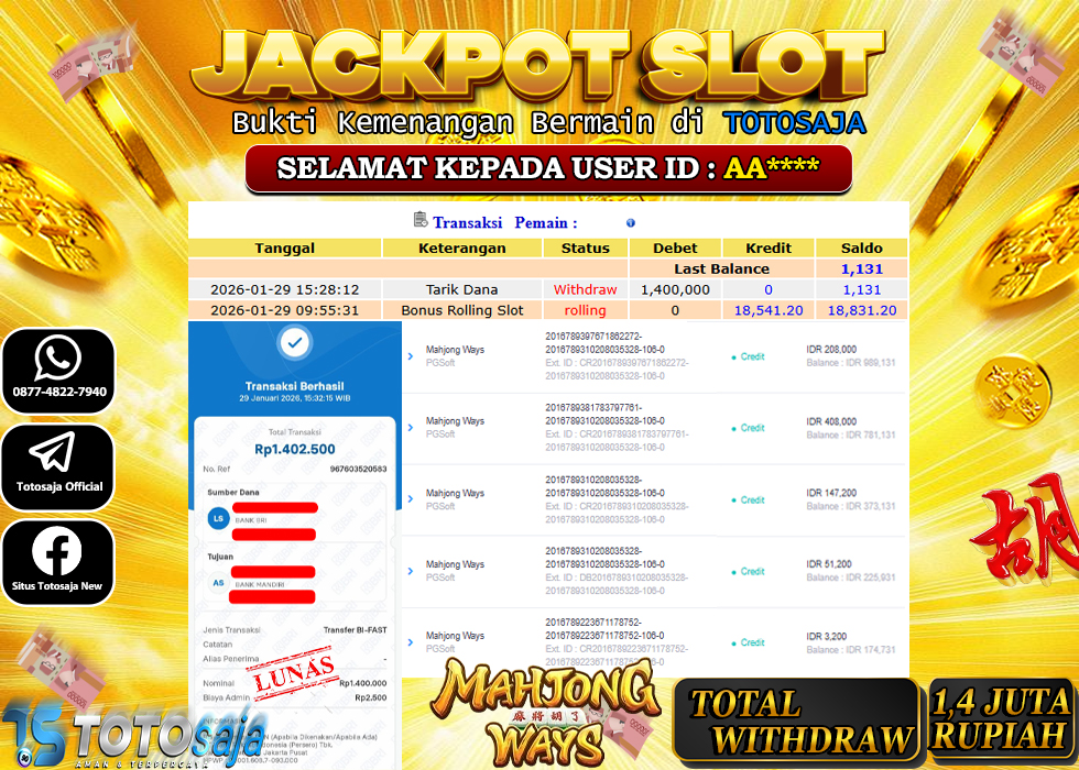 TOTOSAJA JACKPOT SLOT ONLINE MAHJONG WAYS Rp.1.400.000,- LUNAS