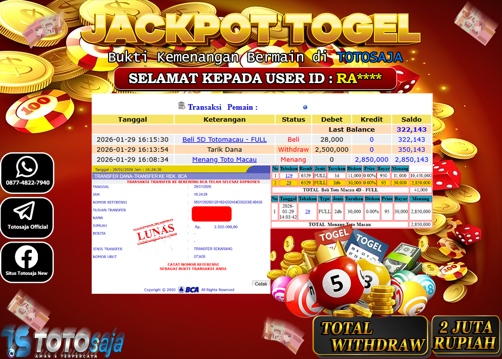 TOTOSAJA JACKPOT TOGEL ONLINE TOTOMACAU Rp.2.500.000,- LUNAS