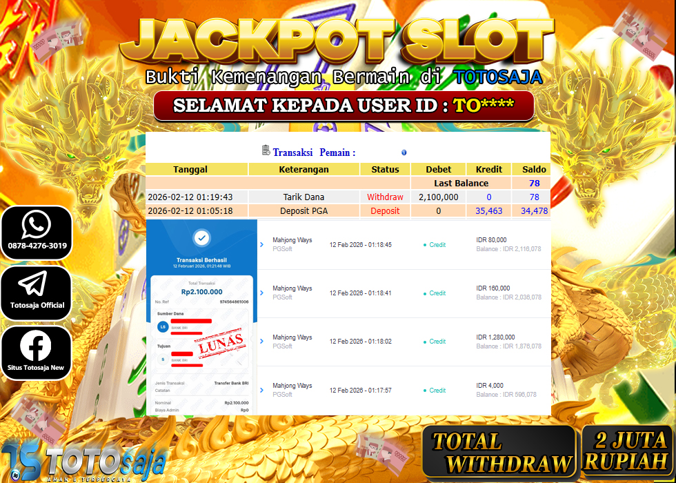 TOTOSAJA JACKPOT SLOT ONLINE MAHJONG WAYS Rp.2.100.000,- LUNAS