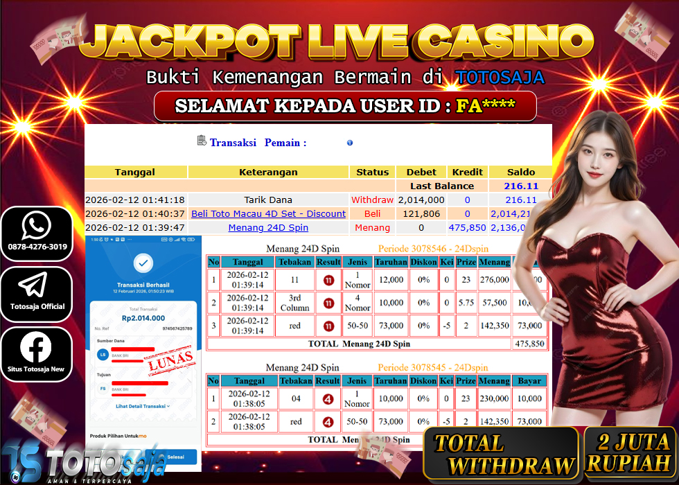 TOTOSAJA JACKPOT LIVE CASINO ONLINE 24D SPINRp.2.014.000,- LUNAS