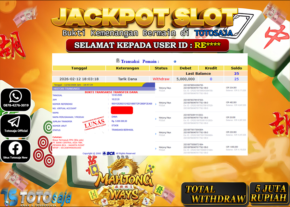 TOTOSAJA JACKPOT SLOT ONLINE MAHJONG WAYS Rp.5.000.000,- LUNAS