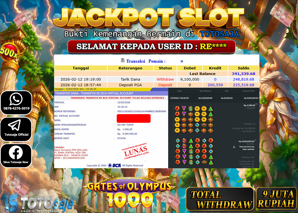 TOTOSAJA JACKPOT SLOT ONLINE GATES OF OLYMPUS 1000 Rp.9.100.000,- LUNAS