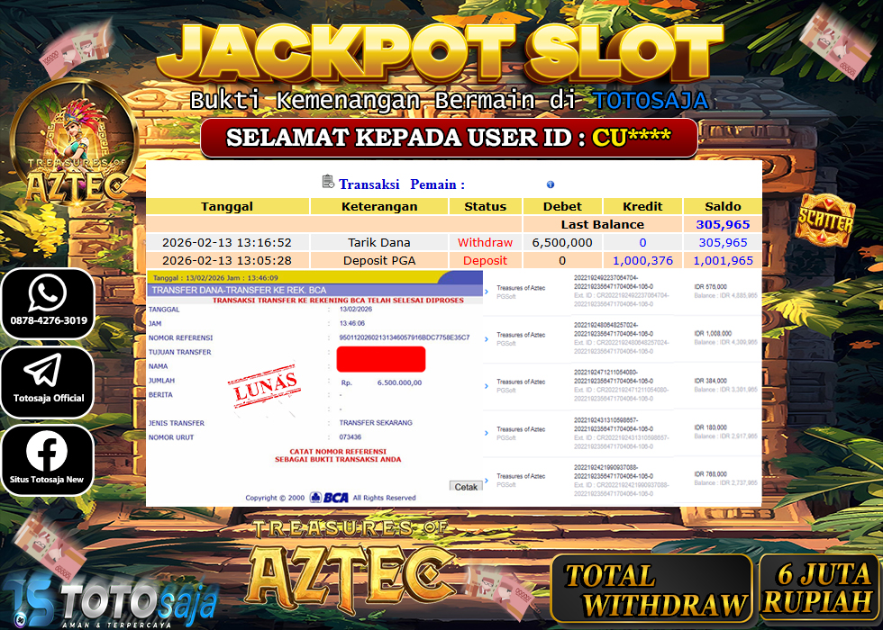 TOTOSAJA JACKPOT SLOT ONLINE TREASURES OF AZTEC Rp.6.500.000,- LUNAS