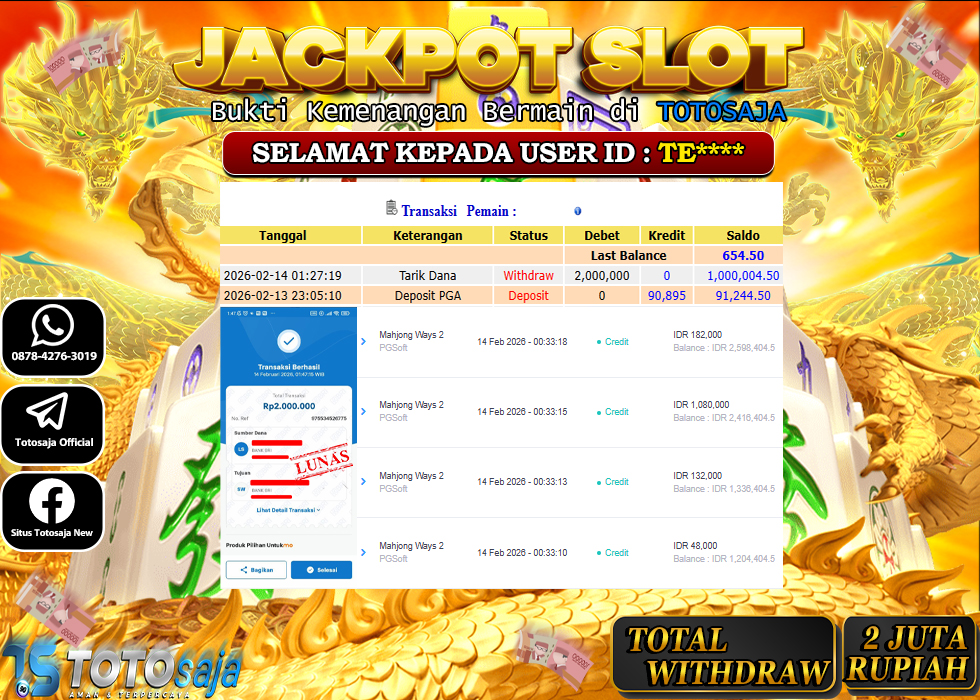 TOTOSAJA JACKPOT SLOT ONLINE MAHJONG WAYS 2 Rp.2.000.000,- LUNAS