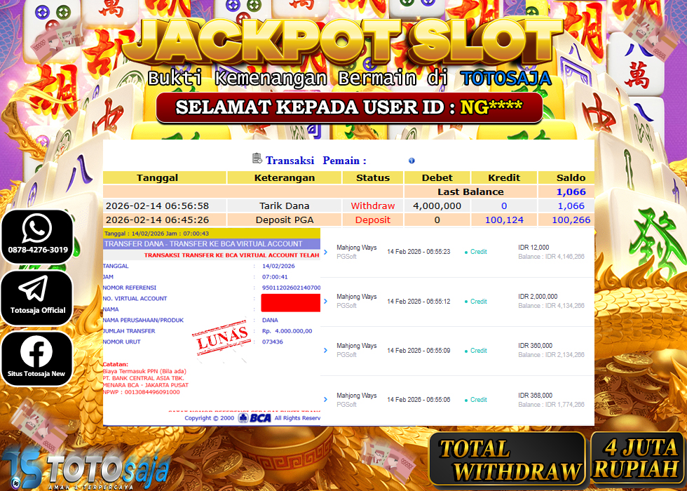 TOTOSAJA JACKPOT SLOT ONLINE MAHJONG WAYS Rp.4.000.000,- LUNAS