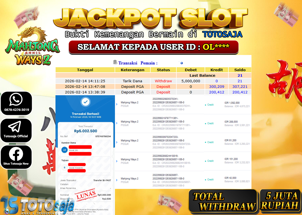 TOTOSAJA JACKPOT SLOT ONLINE MAHJONG WAYS 2 Rp.5.000.000,- LUNAS