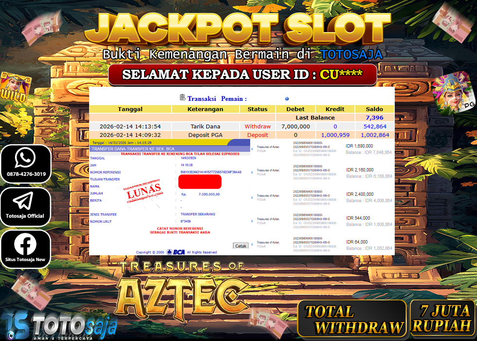 TOTOSAJA JACKPOT SLOT ONLINE TREASURES OF AZTEC Rp.7.000.000,- LUNAS
