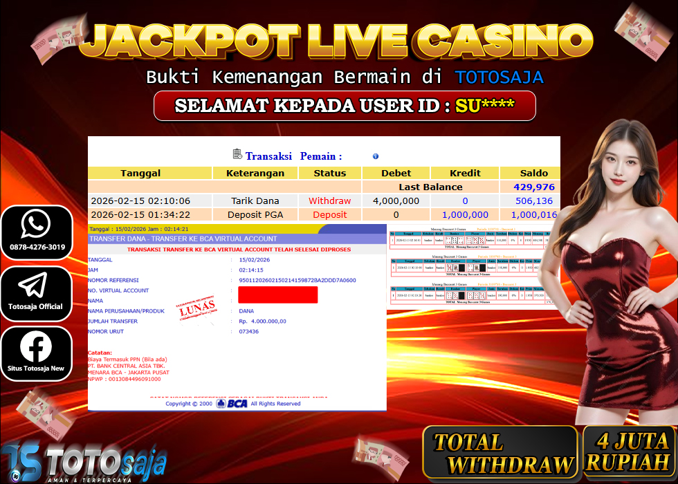 TOTOSAJA JACKPOT LIVE CASINO ONLINE  BACCARAT Rp.4.000.000,- LUNAS
