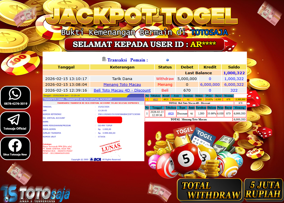TOTOSAJA JACKPOT TOGEL ONLINE TOTOMACAU  Rp.5.000.000,- LUNAS