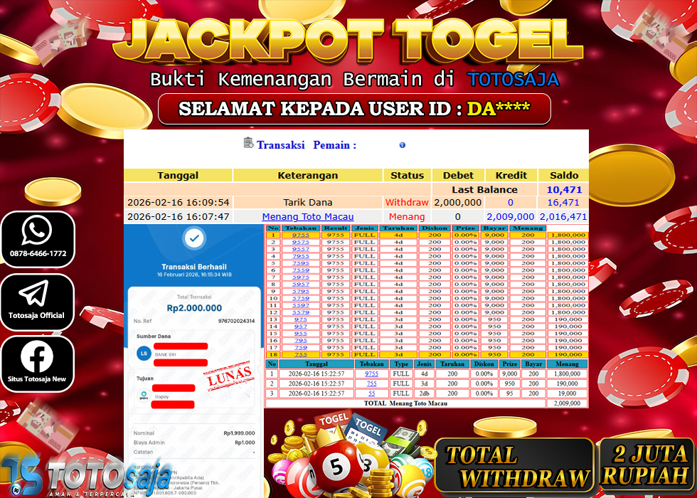 TOTOSAJA JACKPOT TOGEL ONLINE TOTOMACAU Rp.2.000.000,- LUNAS