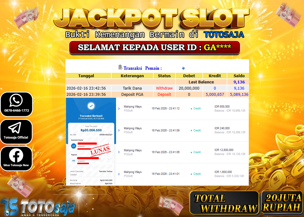 TOTOSAJA JACKPOT SLOT ONLINE MAHJONG WAYS  Rp.20.000.000,- LUNAS