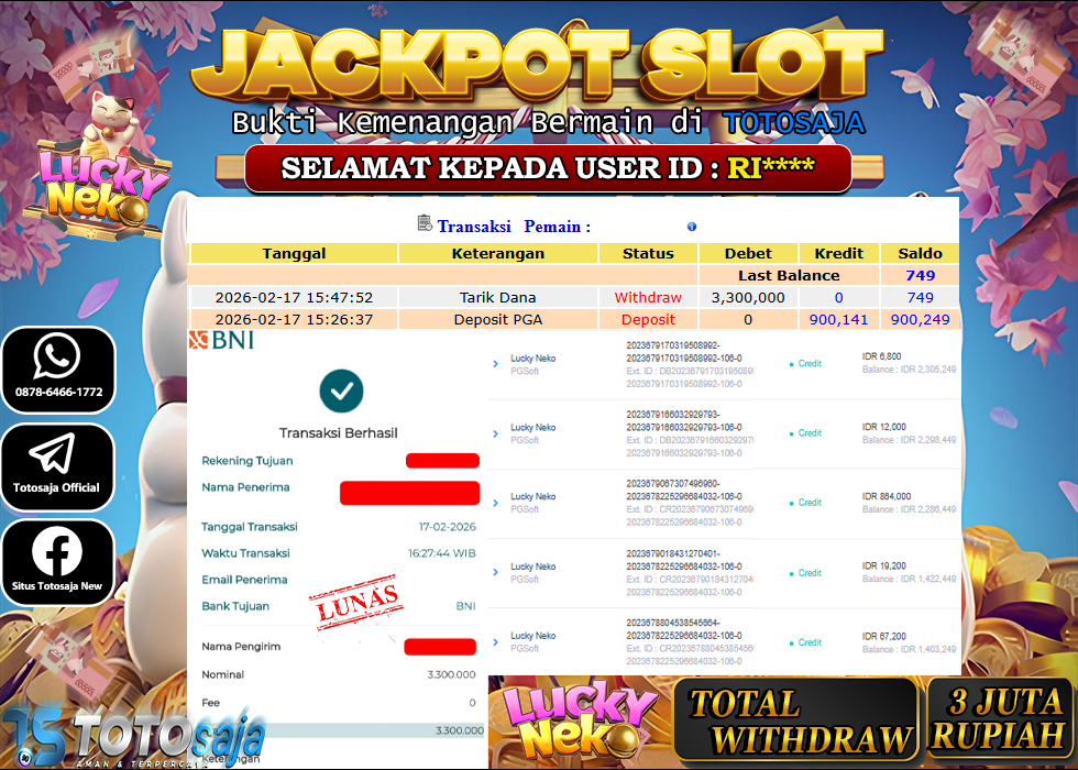 TOTOSAJA JACKPOT SLOT ONLINE LUCKY NEKO Rp.3.300.000,- LUNAS