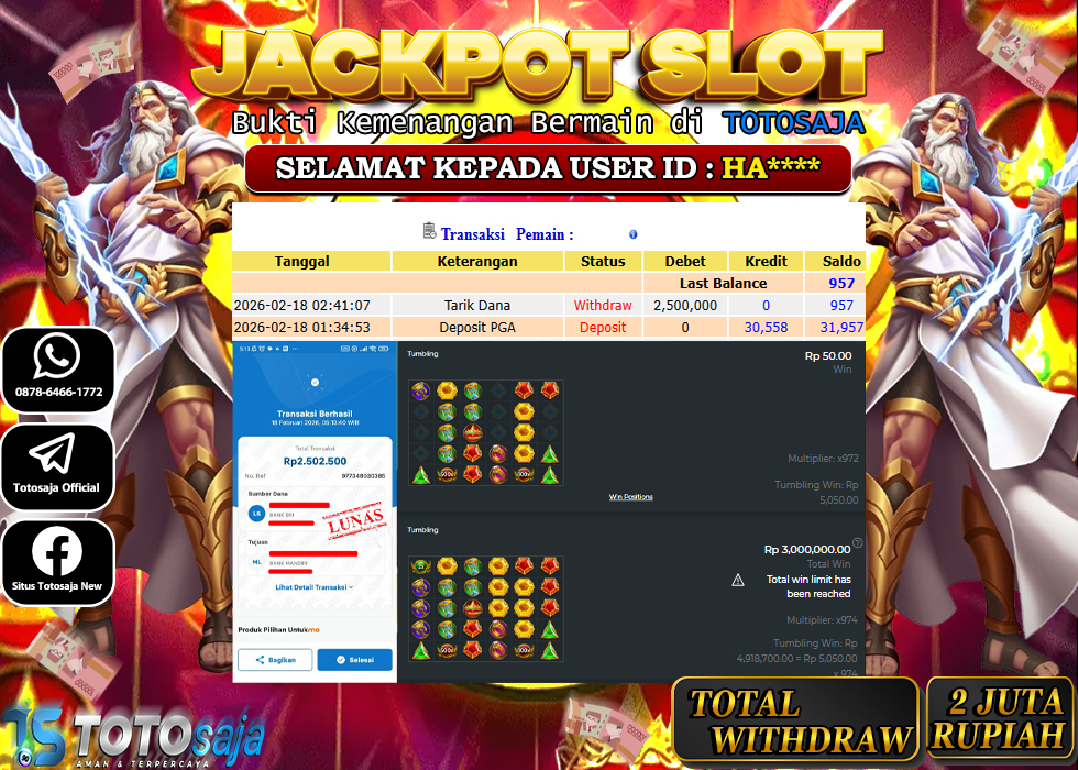 TOTOSAJA JACKPOT SLOT ONLINE GATES OF OLYMPUS 1000 Rp.2.500.000,- LUNAS
