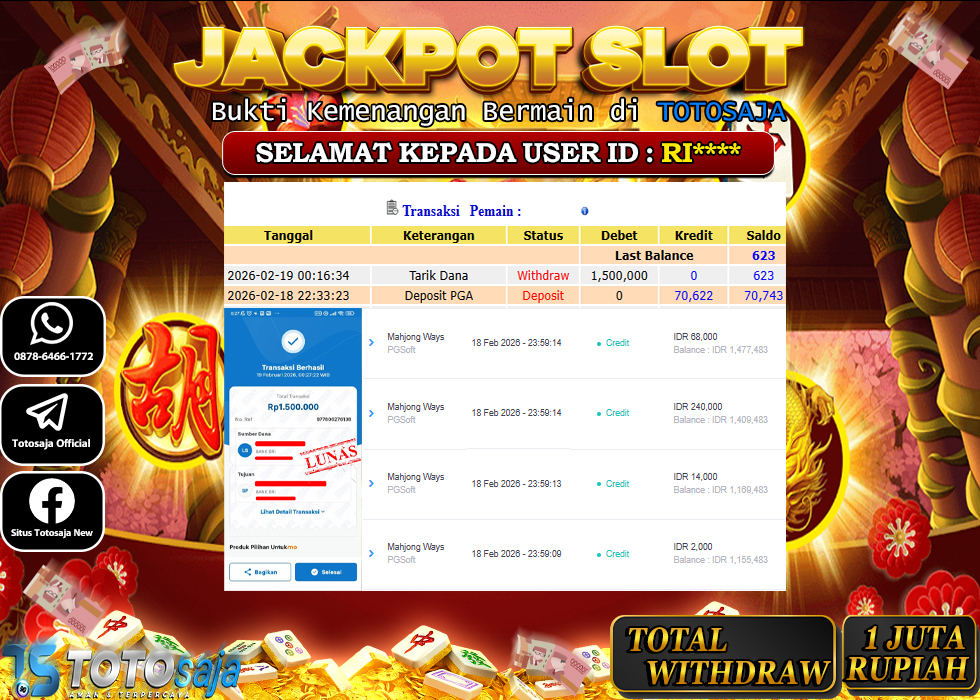 TOTOSAJA JACKPOT SLOT ONLINE MAHJONG WAYS  Rp.1.500.000,- LUNAS