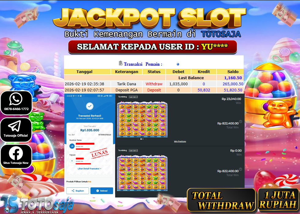 TOTOSAJA JACKPOT SLOT ONLINE SUGAR RUSH SUPER SCATTER  Rp.1.035.000,- LUNAS