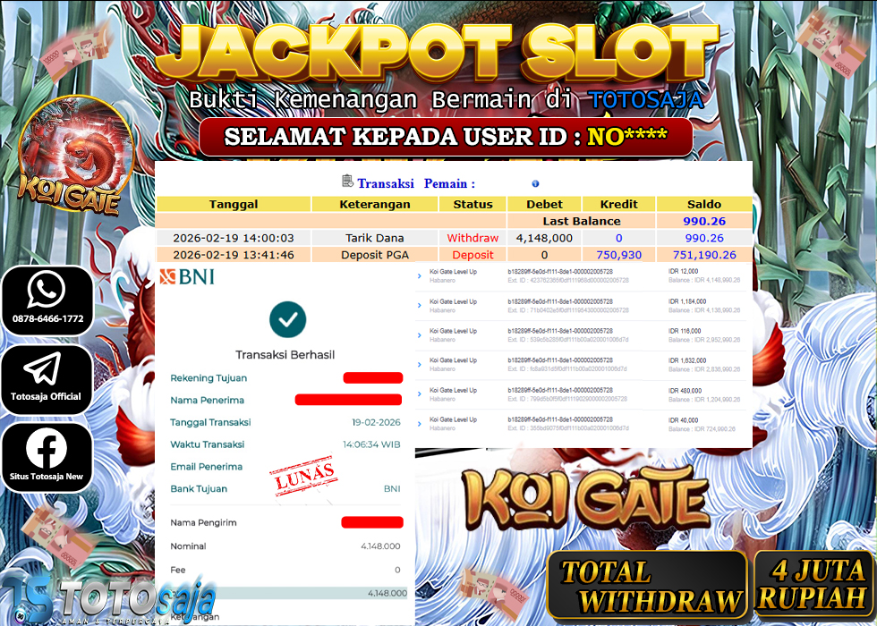 TOTOSAJA JACKPOT SLOT ONLINE KOI GATE Rp.4.148.000,- LUNAS