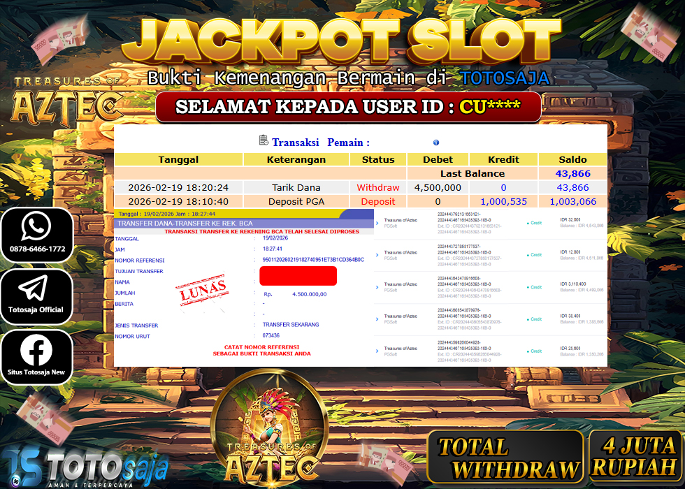 TOTOSAJA JACKPOT SLOT ONLINE TREASURES OF AZTEC  Rp.4.500.000,- LUNAS