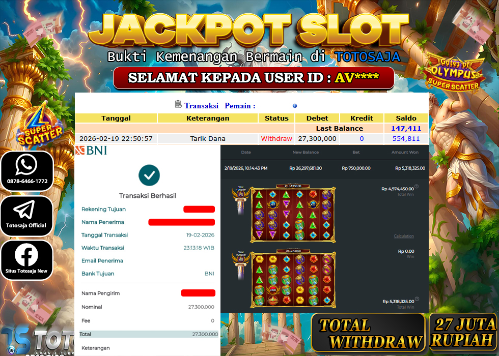 TOTOSAJA JACKPOT SLOT ONLINE GATES OF OLYMPUS SUPER SCATTER Rp.27.300.000,- LUNAS