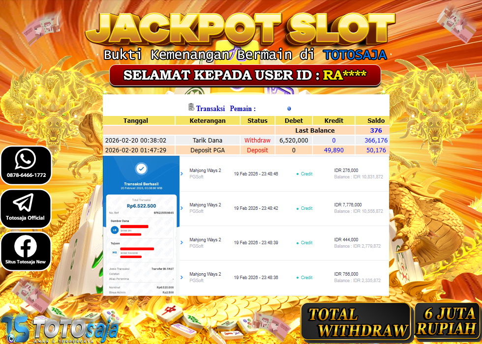 TOTOSAJA JACKPOT SLOT ONLINE MAHJONG WAYS 2 Rp.6.520.000,- LUNAS